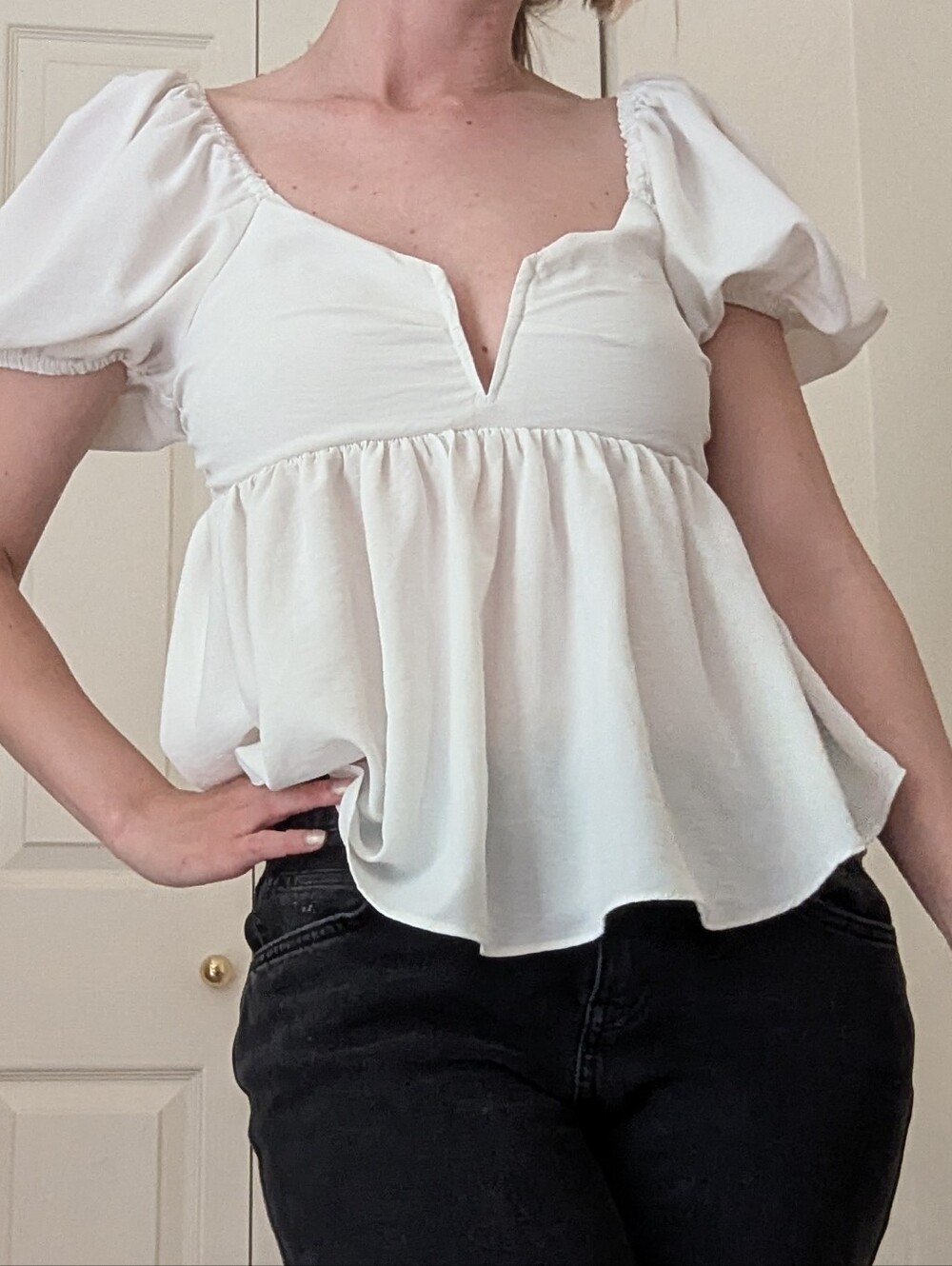 White Puff-Sleeve Peplum Top - Classic Women's Summer Blouse